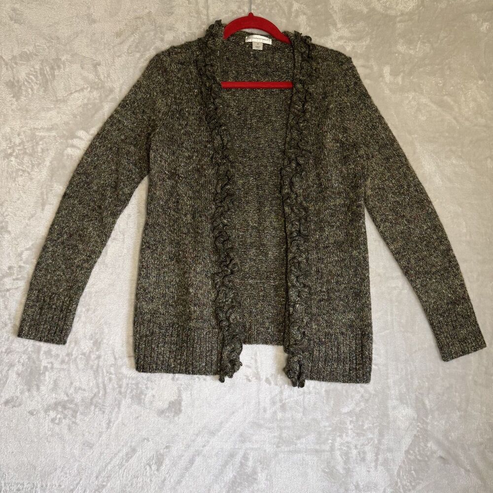 Womens Multicolor Knit Cardigan Sweater Medium Ruffle Trim Marled Boho Whimsy